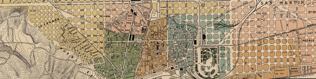 Detail of a map of an old Barcelona with neighborhoods in various colors